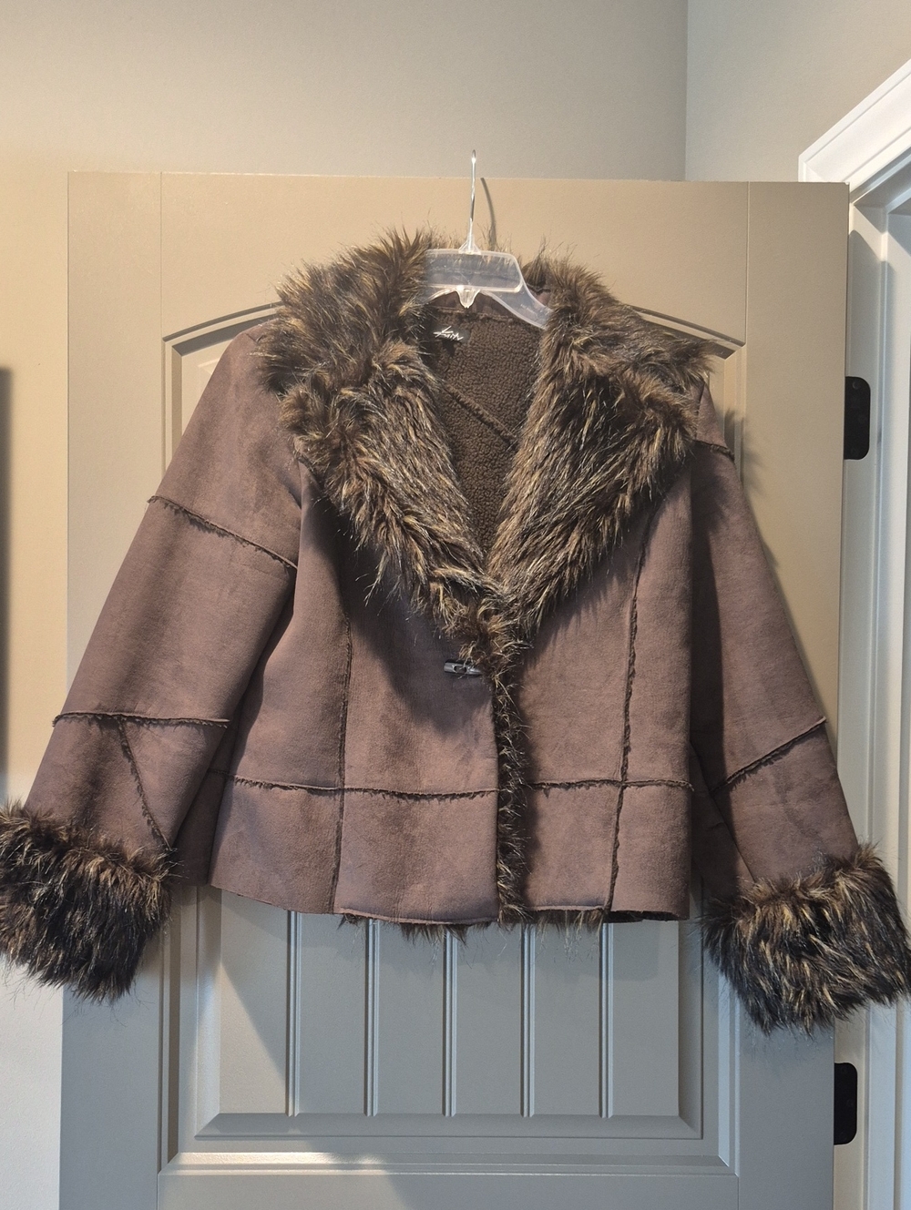 Women's Brown Faux Suede Jacket with Faux Fur Trim